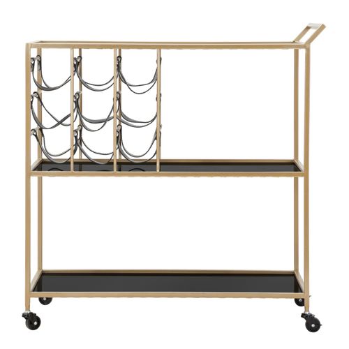 Chariot Alimentaire 79x39,5x82 Cm Doré Et Noir Avec 3 Étagères Miroir Et Roues