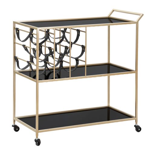 Chariot Alimentaire 79x39,5x82 Cm Doré Et Noir Avec 3 Étagères Miroir Et Roues