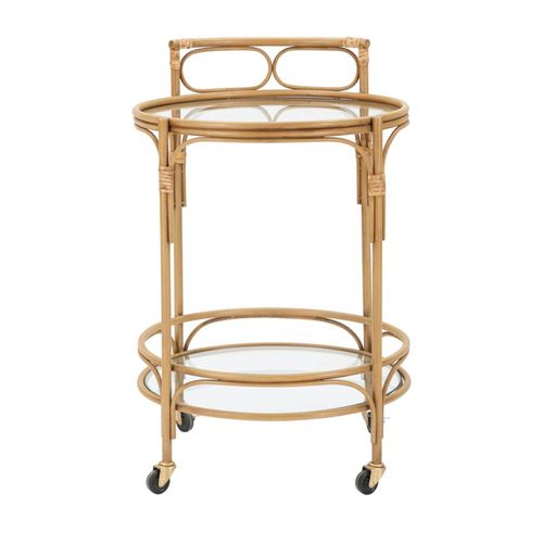 Chariot Rond 51x74 Cm Style Boho En Métal Et Rotin Avec 2 Étagères En Verre Et Roulettes