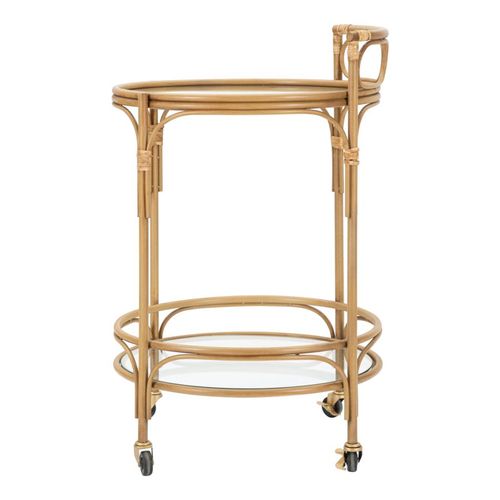 Chariot Rond 51x74 Cm Style Boho En Métal Et Rotin Avec 2 Étagères En Verre Et Roulettes