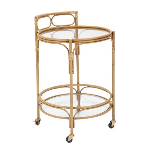 Chariot Rond 51x74 Cm Style Boho En Métal Et Rotin Avec 2 Étagères En Verre Et Roulettes
