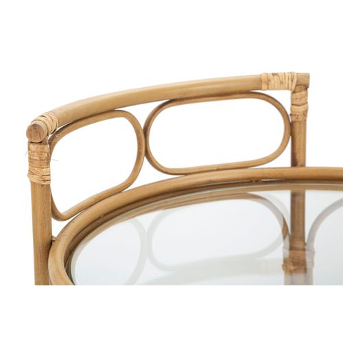 Chariot Rond 51x74 Cm Style Boho En Métal Et Rotin Avec 2 Étagères En Verre Et Roulettes