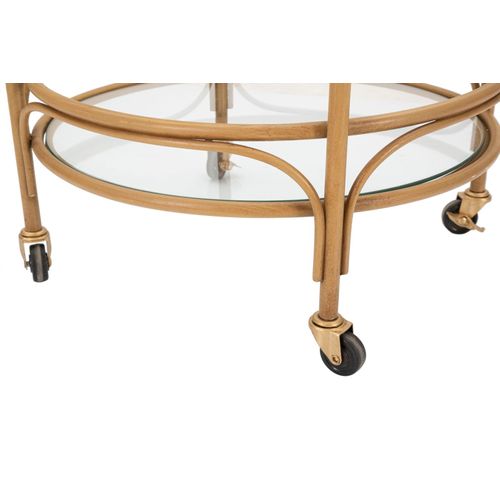 Chariot Rond 51x74 Cm Style Boho En Métal Et Rotin Avec 2 Étagères En Verre Et Roulettes