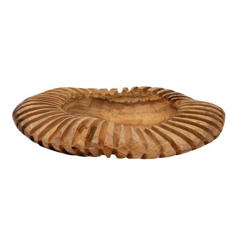 Plateau Rond En Teck Recyclé Sculpté Ø35x7 Cm Style Artisanal