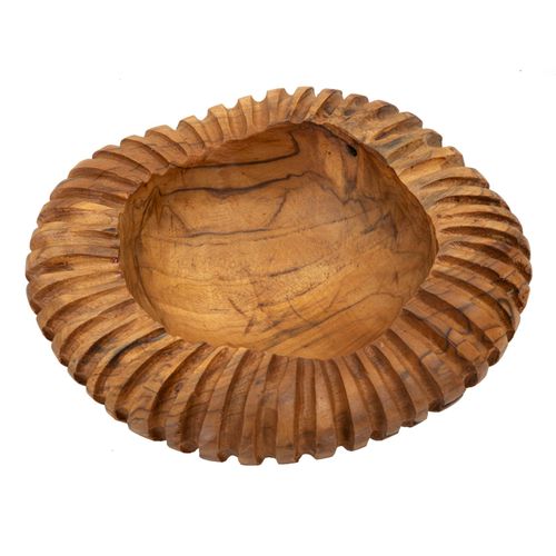 Plateau Rond En Teck Recyclé Sculpté Ø29x7 Cm Style Artisanal