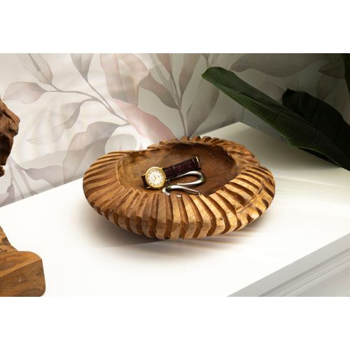 Plateau Rond En Teck Recyclé Sculpté Ø29x7 Cm Style Artisanal