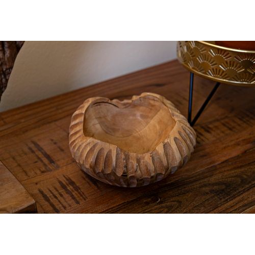 Plateau Rond En Teck Recyclé Sculpté Ø19x8 Cm Décoration Artisanale