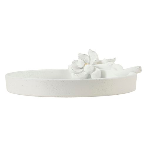 Plateau Rond Décoratif En Résine Blanche 24x21x6 Cm Fleur Doré Et Argent