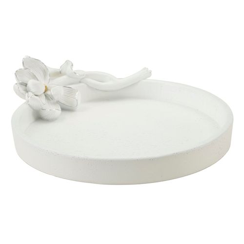 Plateau Rond Décoratif En Résine Blanche 24x21x6 Cm Fleur Doré Et Argent