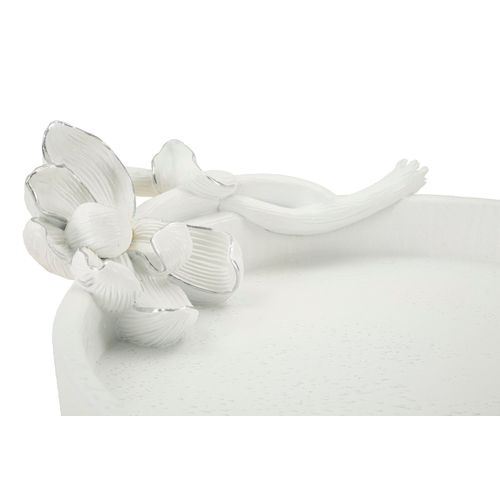 Plateau Rond Décoratif En Résine Blanche 24x21x6 Cm Fleur Doré Et Argent