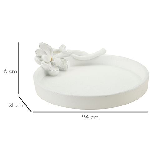Plateau Rond Décoratif En Résine Blanche 24x21x6 Cm Fleur Doré Et Argent