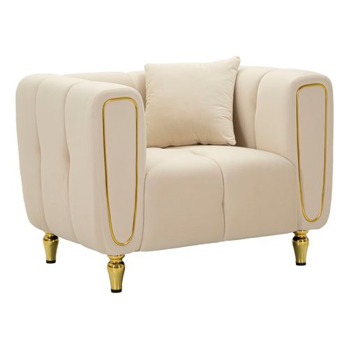 Fauteuil Crème Avec Coussin 97x81x71 Cm En Velours Matelassé Et Pieds Dorés