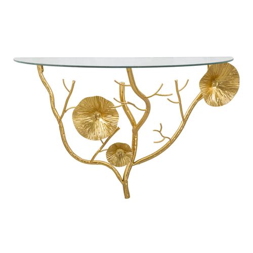 Table De Chevet Semi-circulaire 60x30x40 Cm Métal Doré Et Plateau Verre