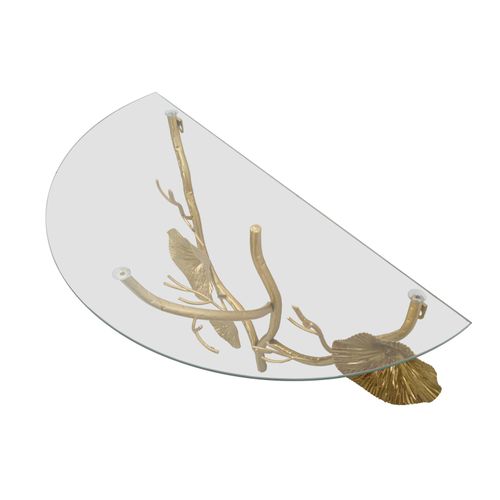 Table De Chevet Semi-circulaire 60x30x40 Cm Métal Doré Et Plateau Verre