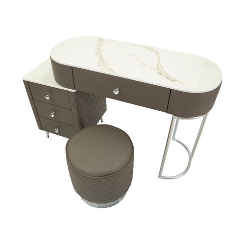 Coiffeuse Grise Avec Tabouret Argenté En Cuir Capitonné Et Plateau Effet Marbre 120x40x75 Cm