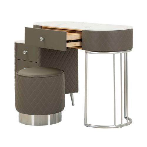 Coiffeuse Grise Avec Tabouret Argenté En Cuir Capitonné Et Plateau Effet Marbre 120x40x75 Cm