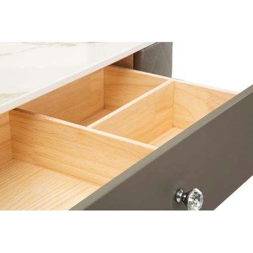 Coiffeuse Grise Avec Tabouret Argenté En Cuir Capitonné Et Plateau Effet Marbre 120x40x75 Cm