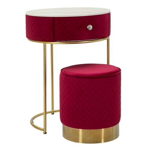 Coiffeuse Ronde Ø52x70 Cm Avec Pouf Velours Rouge Et Finitions Dorées