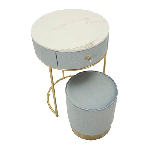 Coiffeuse Ronde Ø52x70 Cm Avec Pouf En Velours Bleu Clair Et Détails Dorés