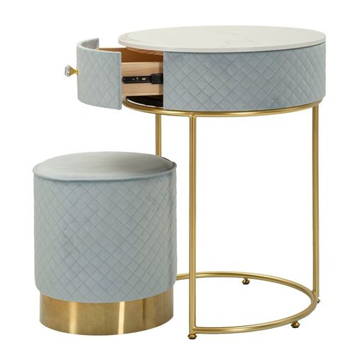 Coiffeuse Ronde Ø52x70 Cm Avec Pouf En Velours Bleu Clair Et Détails Dorés