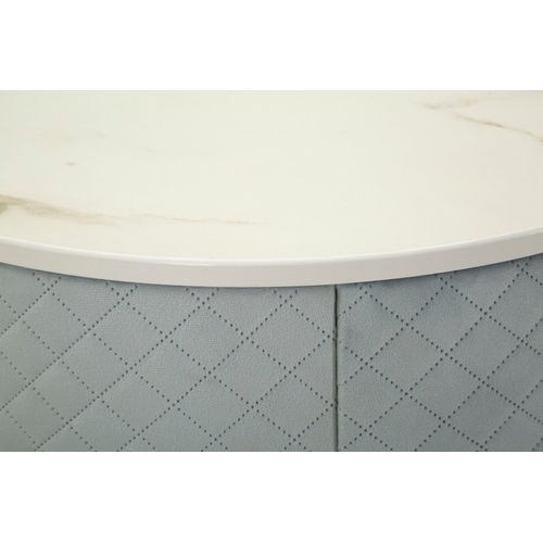 Coiffeuse Ronde Ø52x70 Cm Avec Pouf En Velours Bleu Clair Et Détails Dorés