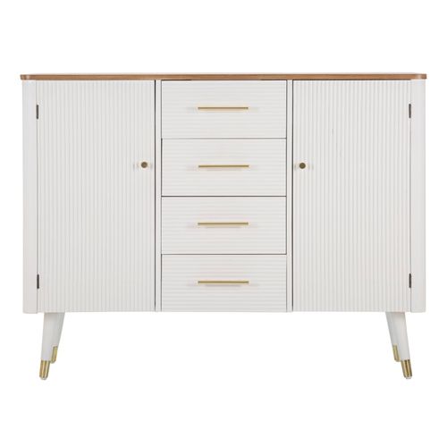 Buffet Blanc Avec Plateau Bois Et Poignées Dorées Style Boho Chic, 117x37x90cm
