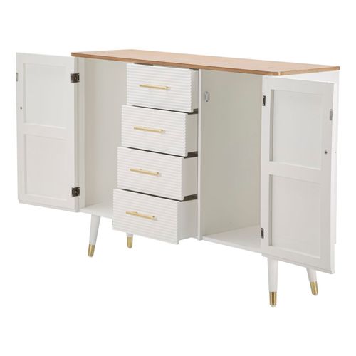 Buffet Blanc Avec Plateau Bois Et Poignées Dorées Style Boho Chic, 117x37x90cm