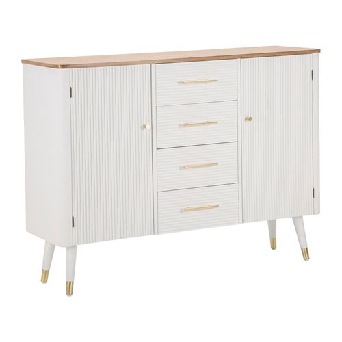 Buffet Blanc Avec Plateau Bois Et Poignées Dorées Style Boho Chic, 117x37x90cm