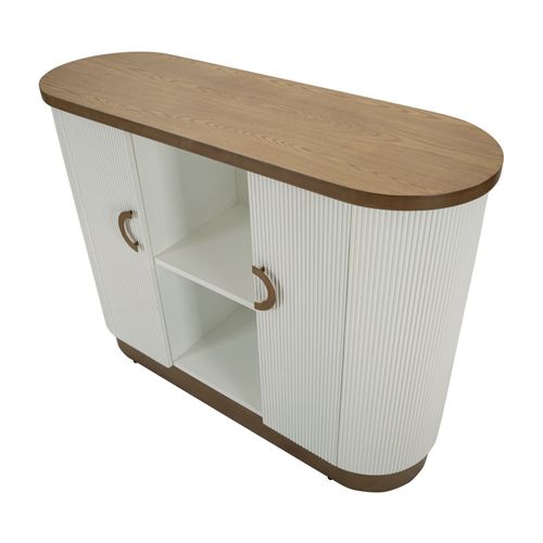 Buffet Moderne Blanc Et Brun Avec Design Arrondi Et Lignes Décoratives, 121x41x90cm