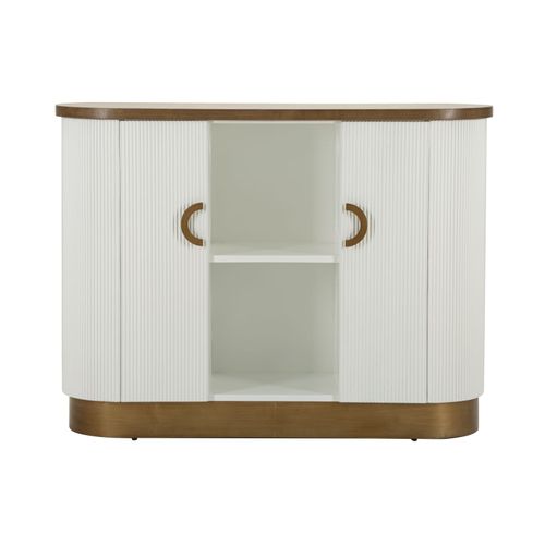 Buffet Moderne Blanc Et Brun Avec Design Arrondi Et Lignes Décoratives, 121x41x90cm