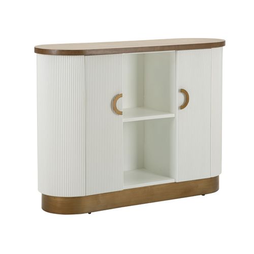 Buffet Moderne Blanc Et Brun Avec Design Arrondi Et Lignes Décoratives, 121x41x90cm