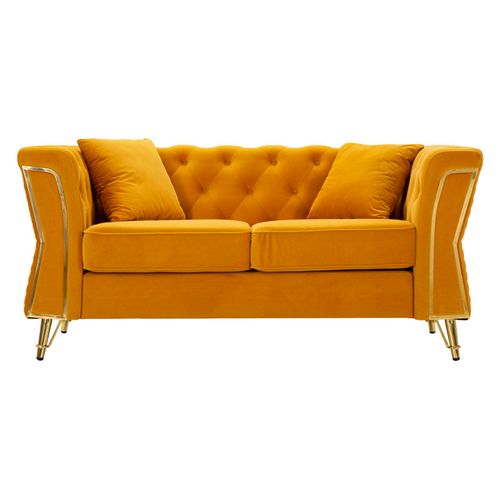 Canapé 2 Places Ocre En Velours Matelassé Avec Pieds Dorés, Style Luxueux Moderne
