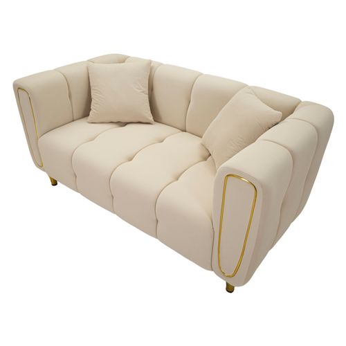 Canapé 2 Places Crème En Velours Matelassé Avec Pieds Dorés, Style Moderne Et Raffiné