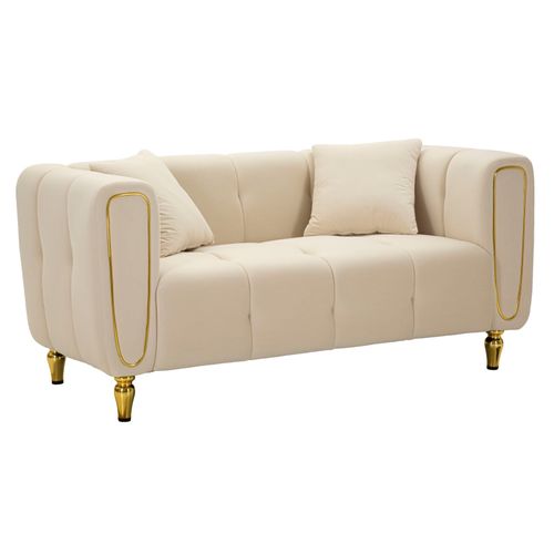 Canapé 2 Places Crème En Velours Matelassé Avec Pieds Dorés, Style Moderne Et Raffiné