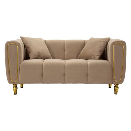 Canapé 2 Places Gris En Velours Matelassé Avec Pieds Dorés, Style Moderne Et Chic