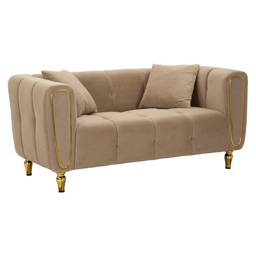 Canapé 2 Places Gris En Velours Matelassé Avec Pieds Dorés, Style Moderne Et Chic