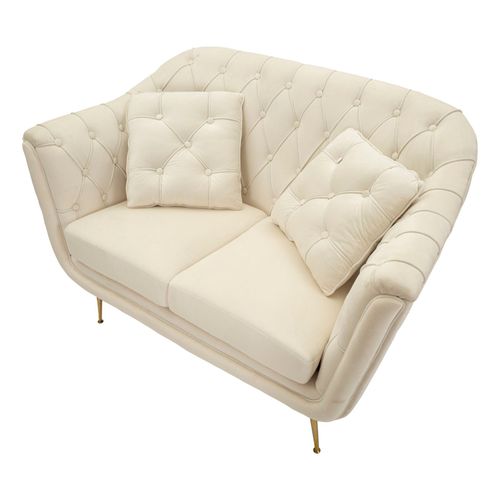 Canapé 2 Places Crème Avec Coussins, Velours Élégant Et Pieds Dorés, Style Glam