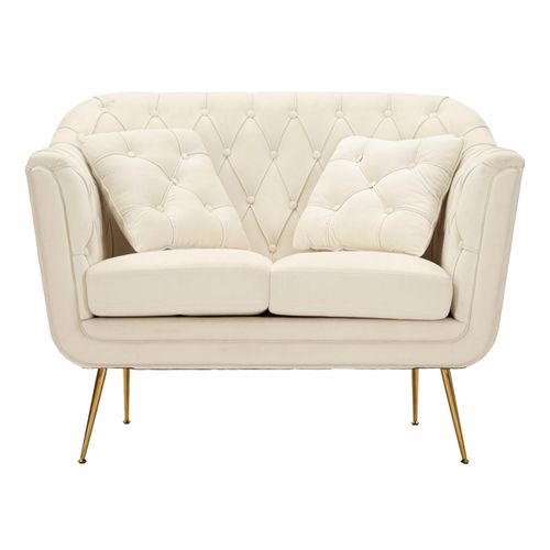 Canapé 2 Places Crème Avec Coussins, Velours Élégant Et Pieds Dorés, Style Glam