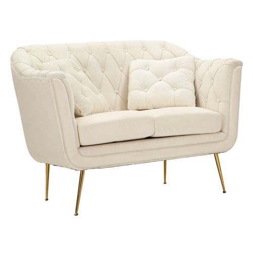 Canapé 2 Places Crème Avec Coussins, Velours Élégant Et Pieds Dorés, Style Glam