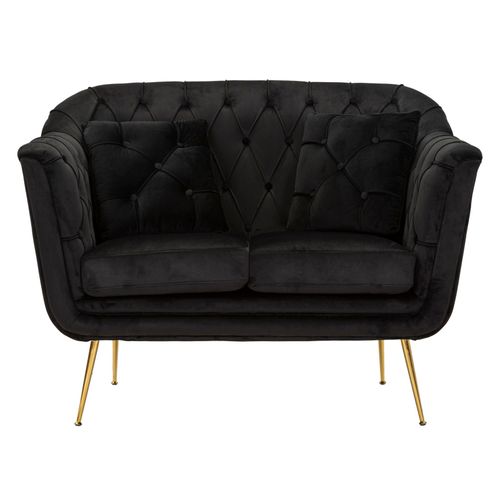 Canapé 2 Places Noir Avec Coussins, Velours Capitonné Élégant, Style Glam Et Contemporain