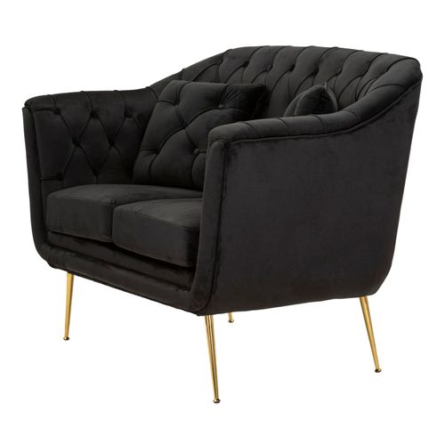 Canapé 2 Places Noir Avec Coussins, Velours Capitonné Élégant, Style Glam Et Contemporain