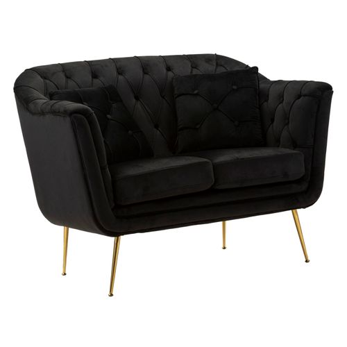 Canapé 2 Places Noir Avec Coussins, Velours Capitonné Élégant, Style Glam Et Contemporain