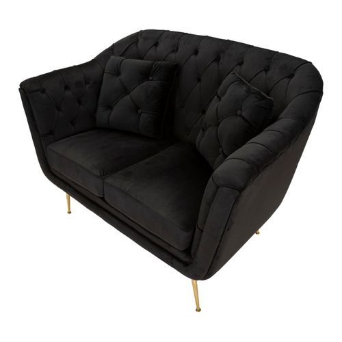 Canapé 2 Places Noir Avec Coussins, Velours Capitonné Élégant, Style Glam Et Contemporain