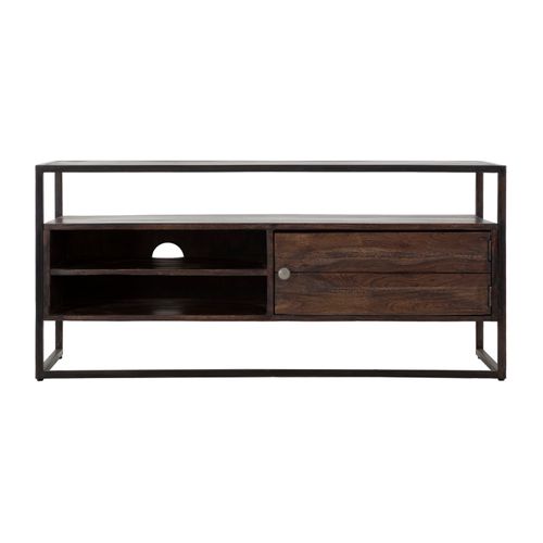 Meuble TV Acacia Massif Avec Étagères Et Structure Métal Noir Style Industriel, 120x40x55cm