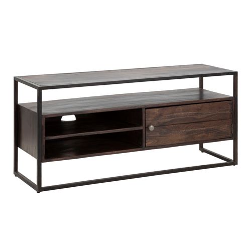 Meuble TV Acacia Massif Avec Étagères Et Structure Métal Noir Style Industriel, 120x40x55cm