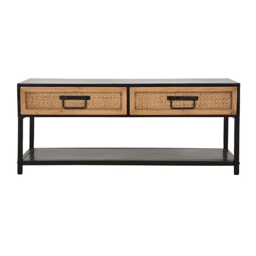 Meuble TV En Métal Noir Avec 2 Tiroirs En Bois Tressé 95x38x38 Cm