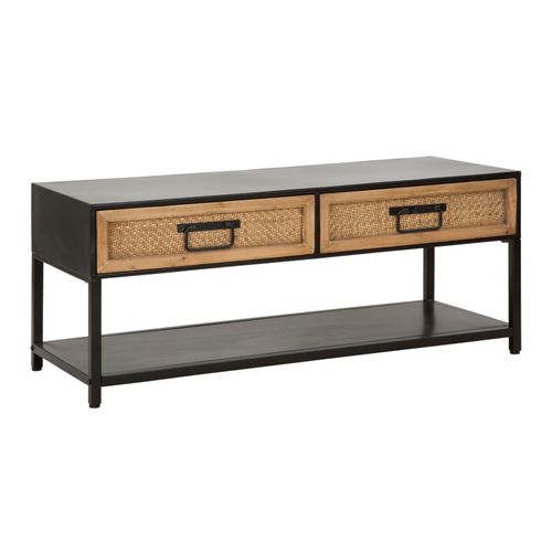 Meuble TV En Métal Noir Avec 2 Tiroirs En Bois Tressé 95x38x38 Cm