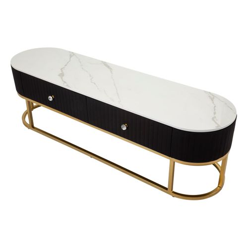 Meuble TV Noir Avec Structure Métallique Dorée Et Dessus Effet Marbre 150x42x45 Cm