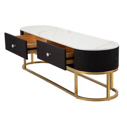 Meuble TV Noir Avec Structure Métallique Dorée Et Dessus Effet Marbre 150x42x45 Cm