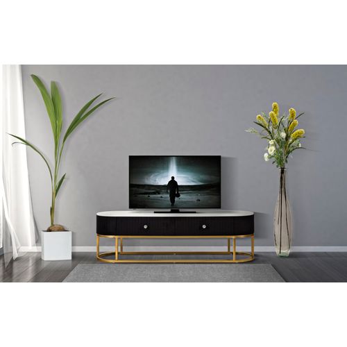 Meuble TV Noir Avec Structure Métallique Dorée Et Dessus Effet Marbre 150x42x45 Cm